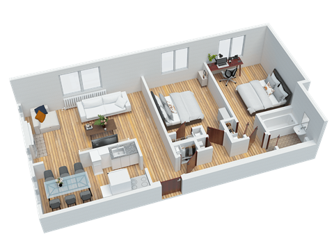 Floor plan for 2 beds, 1 bath, 730 sqft